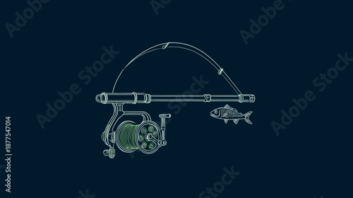Line drawing of a fishing rod with a reel and a fish against a dark blue background
