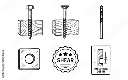 Hand drawn woodwork fasteners and tools: screws, nails, drill bit, and diagrams