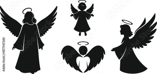 Collection of four distinct black silhouette vector icons depicting various angelic figures complete with feathered wings and glowing halos representing spiritual guidance and heavenly beings