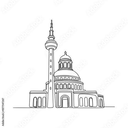 Landmark drawing of a cityscape with a tower and dome structure  