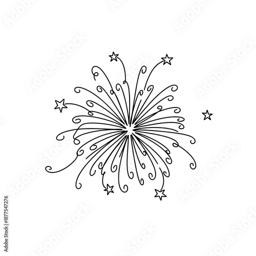 Fireworks display with swirling lines and stars on transparent background  