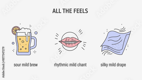 A set of emotive illustrations with a beer, lips and a cloth.