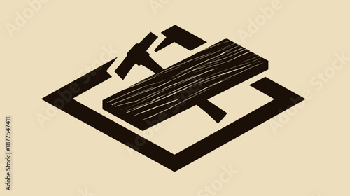 A carpentry-themed illustration, featuring tools and wood within a diamond shape on a neutral background