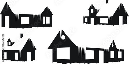 Collection of four black silhouette winter cabins featuring thick snow accumulation on roofs and prominent hanging icicles suggesting freezing temperatures and seasonal weather.