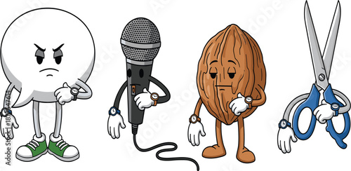 The image is a cartoon-style illustration featuring four anthropomorphic objects, each seemingly expressing impatience.