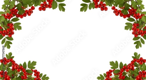 Red Berries Green Leaves Border Frame on White Background