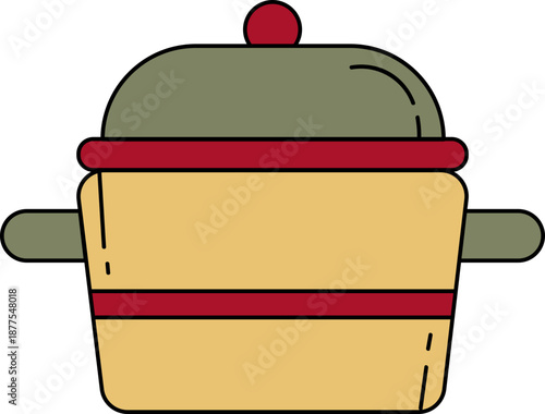 Vibrant clay pot with lid and handles on black background