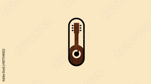 A guitar silhouette with a black border on a cream background, wooden texture