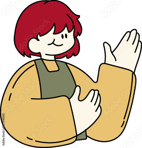 Friendly cartoon character waving with a warm smile and red hair