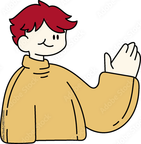 Friendly cartoon character waving in a yellow turtleneck sweater