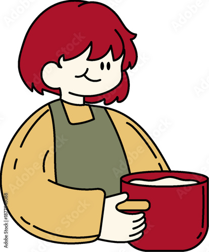 Cheerful cartoon woman holding a steaming mug of coffee