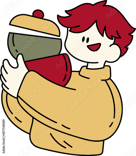 Happy cartoon character holding a lunchbox with a big smile