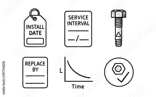 Hand drawn maintenance icons set: labels, chart, bolt, service tags
