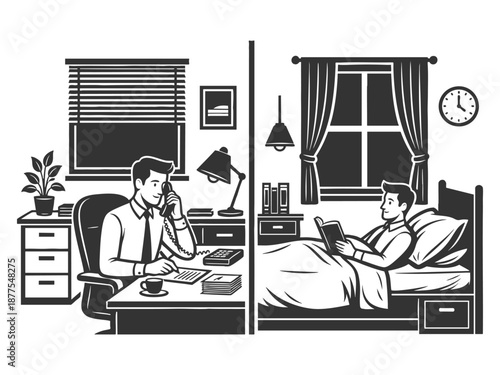 contrast between office work and home relaxation, emphasizing balance between career and personal life sketch engraving generative ai fictional character vector illustration. Scratch board. 