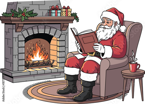 Jolly Santa Claus relaxes by a warm stone fireplace reading a large book with a mug of hot chocolate nearby during the holiday season