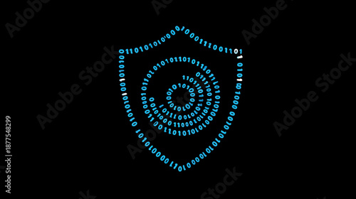 A black image featuring a shield made of binary code spiraling inward