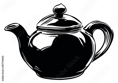 Hand drawn line art illustration of a teapot depicting a classic kitchen item for hot beverage concepts