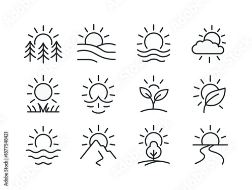 Sun and Nature Icons. Sun and nature. Line icon set of Sun and nature: sun over forest, sun over hills, sun over sea, sun behind cloud, sun in meadow, sun
