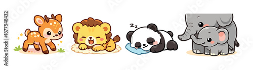 Cute cartoon animals: deer, lion, panda sleeping, elephants