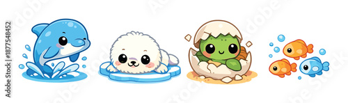 Cute cartoon sea creatures and hatching dino with adorable expressions