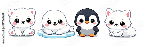 Adorable cartoon arctic animals together on a gradient background