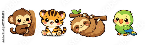 Cute cartoon jungle animals: monkey, tiger, sloth, parrot on green background