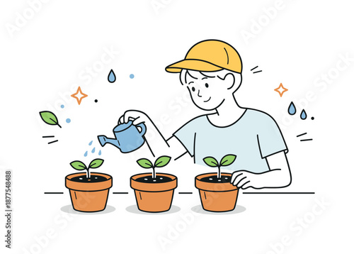 Nurturing Seedlings Art. Plant growth and seedlings illustrations. A person gently watering small seedlings in pots, calm care and nurturing mood with soft