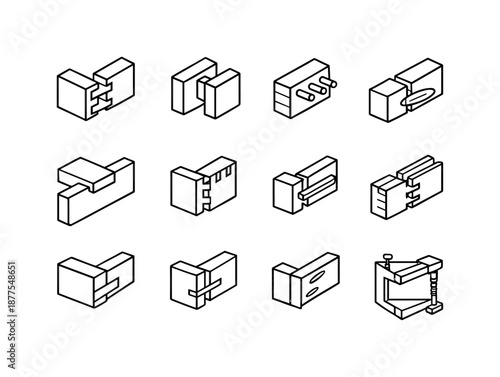 Joinery Icon Set. Joinery techniques. Line icon set of Joinery techniques: dovetail joint, mortise and tenon, dowel joint, biscuit joint, lap joint, box joint,