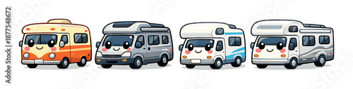 Cute cartoon campervans with happy faces on gray background