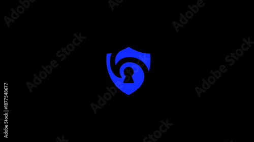 A blue shield-like emblem with a stylized keyhole shape inside it. The background is black