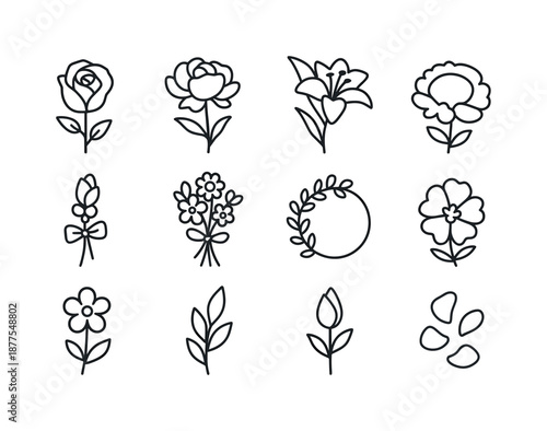 Elegant Wedding Flowers Icons. Wedding flowers. Line icon set of Wedding flowers: rose, peony, lily, eucalyptus branch, boutonniere flower, bouquet stem,