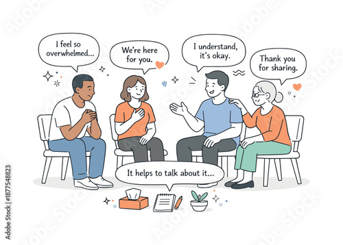 Support Group Sharing. Support group meeting sharing. Participants gently expressing emotions with calm gestures and dialogue bubbles. Open communication and