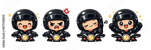 Cute cartoon bikers with varied expressions riding motorcycles