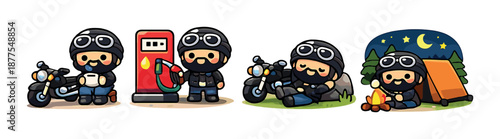Cartoon motorcyclist adventure: fueling, riding, and camping journey