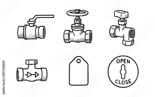 Hand-drawn plumbing valves and labels set with open close icons