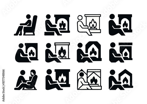 Cozy Fire Icons. People enjoying a warm fire in the fireplace. Icon set. Set Logo of people enjoying a warm fire in the fireplace: cozy sitting position.
