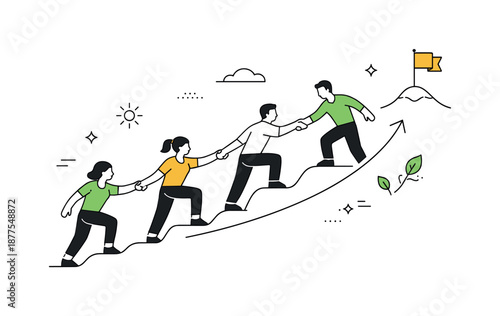 Unified Progress. Collective positive change. Team supporting one another while moving toward a shared goal, guided by simple upward elements. Feeling of