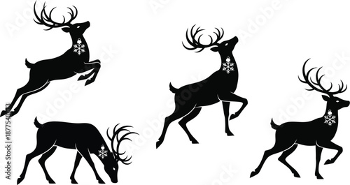 Collection of four black silhouette reindeer figures featuring ornate antlers and decorative snowflake ornaments around their necks for holiday designs.