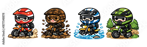 Four cartoon motorcyclists racing on dirt, mud, water, and grass
