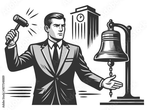 serious businessman striking a large bell with a gavel, symbolizing market opening, announcements, or important decisions sketch engraving generative ai vector illustration. Scratch board imitation. 