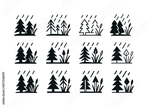 Rainy Nature Icons. Rain showers in forests and wetland areas. Icon set. Set Logo of rain showers in forests and wetland areas: reeds swaying in