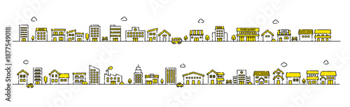 かわいい街並みのイラスト素材｜家と建物が並ぶ 　線画ベクター素材
