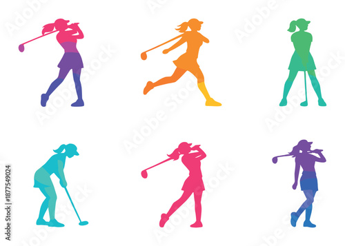 Vivid neon silhouettes of female golfers in action poses