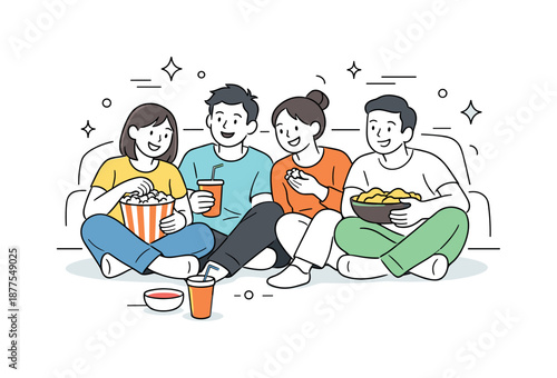 Movie Night Gathering. Watching a movie with friends. Small group sitting close, sharing snacks and smiling while focused on the screen. Social bonding and