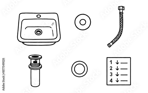 Hand drawn bathroom sink and plumbing components with checklist diagram
