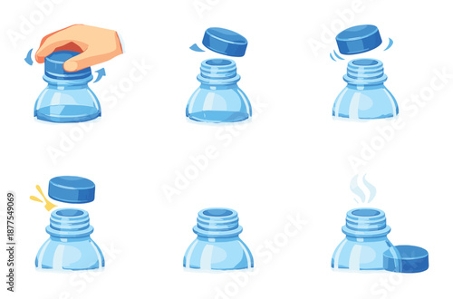 Illustrated step-by-step guide to opening a plastic bottle with blue cap