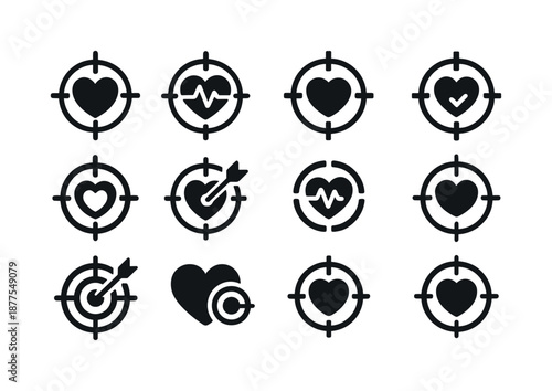 Fitness Target Icons. Fitness targets. Icon set. Set Logo of Fitness targets: Heart rate goal icon: Abstract geometric, Symmetrical form, Filled silhouette,