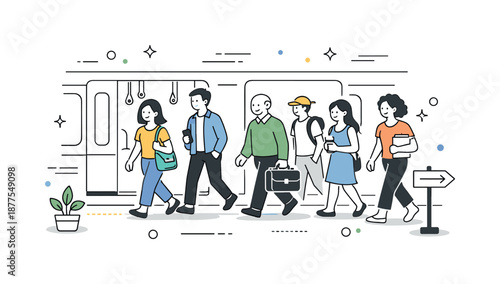 Subway Platform Tranquility. Subway passengers arrival. People calmly exiting the train onto the platform, smooth movement and everyday transition with