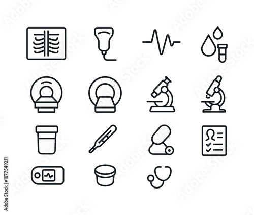 Medical Diagnostics Icons. Medical diagnostics. Line icon set of Medical diagnostics: x-ray, ultrasound probe, ECG line, CT scanner, MRI icon, blood test,