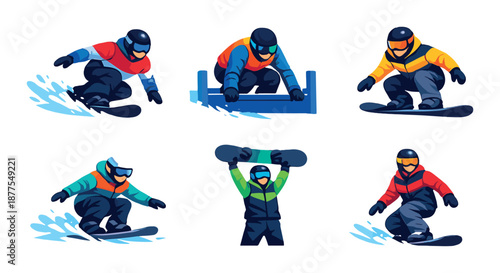 Colorful cartoon snowboarders performing tricks illustration